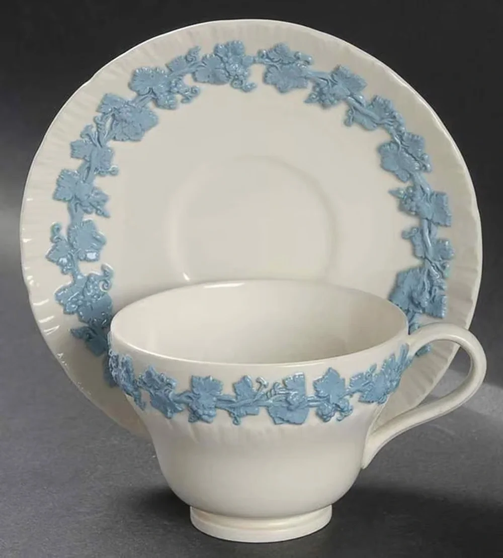 Wedgwood Grape Embossed Queensware Lavender on Egg Shell Edge Demitasse Cup Set